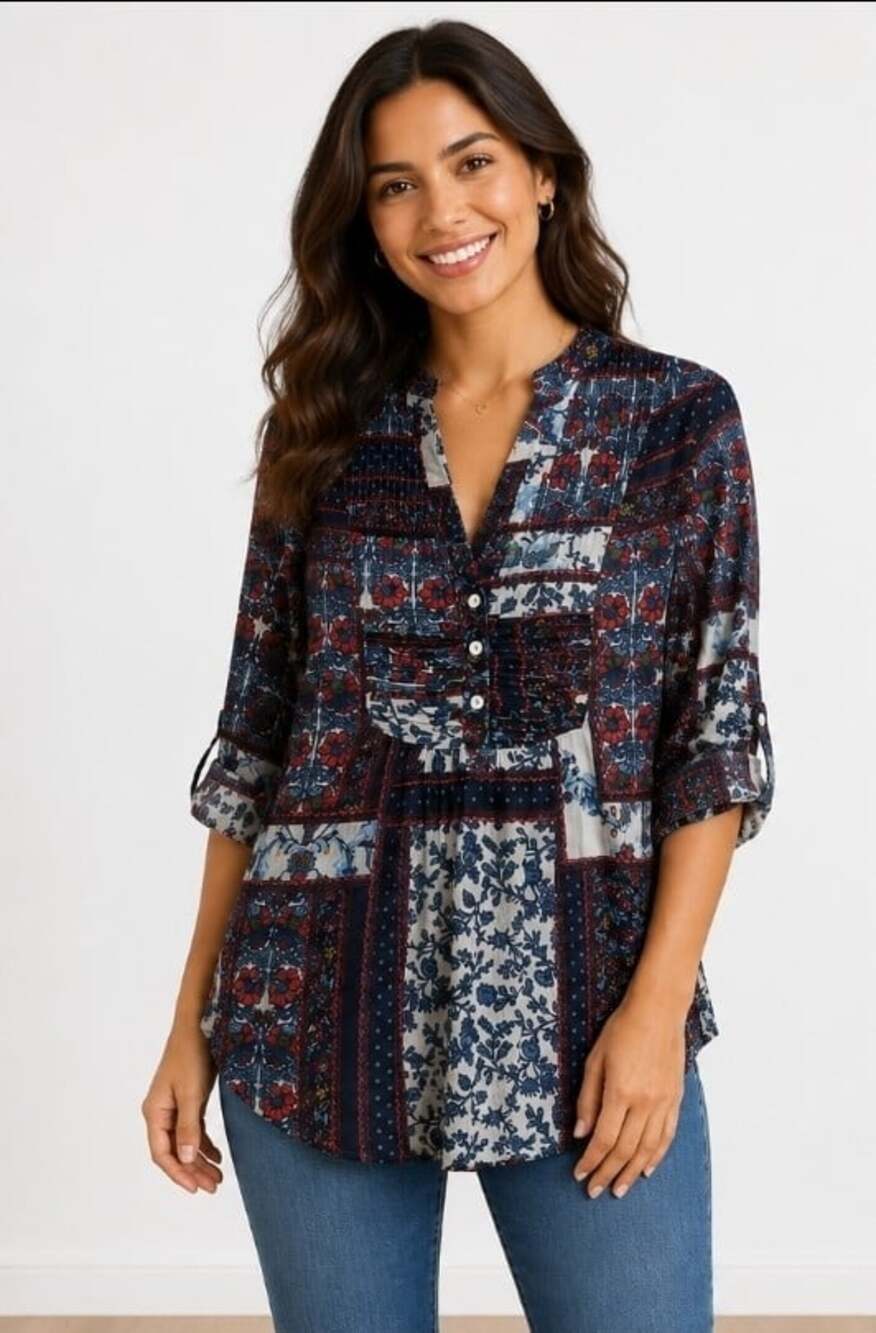 Magazine Floral Design Blouse 1/2 Ivory Buttondown Top RollTab Sleeves Sz S B15
